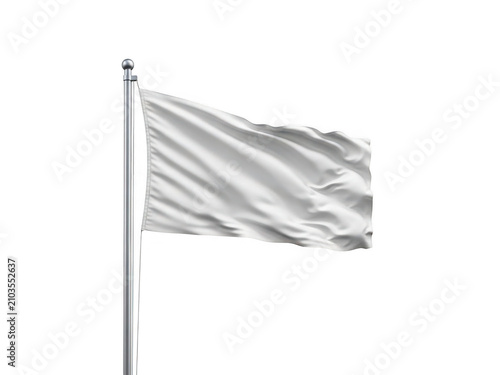Blank white flag mockup waving on silver flagpole, realistic fabric texture with ripples and shadows, clean white banner template for branding and advertising design isolated on white