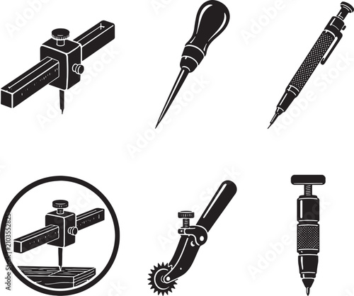 Fotografie Inspection and Marking Tools Black Silhouette Vector Icon Set Marking Gauge Scra