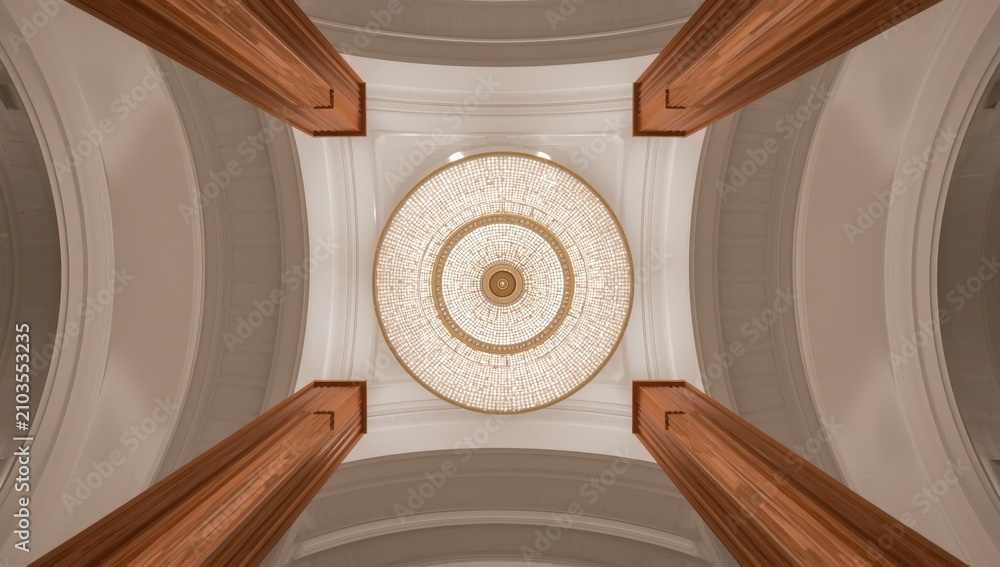 Obraz premium Perspective from below to above. Suspended crystal chandelier at the center of the roof, perfectly aligned with a pillar and the ceiling.