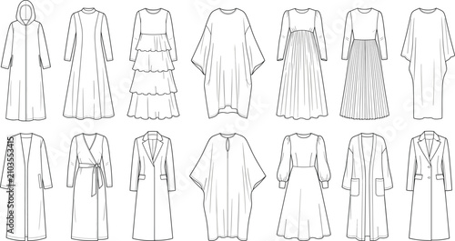 Fotografía Comprehensive collection of modest women fashion technical flat sketches featuri