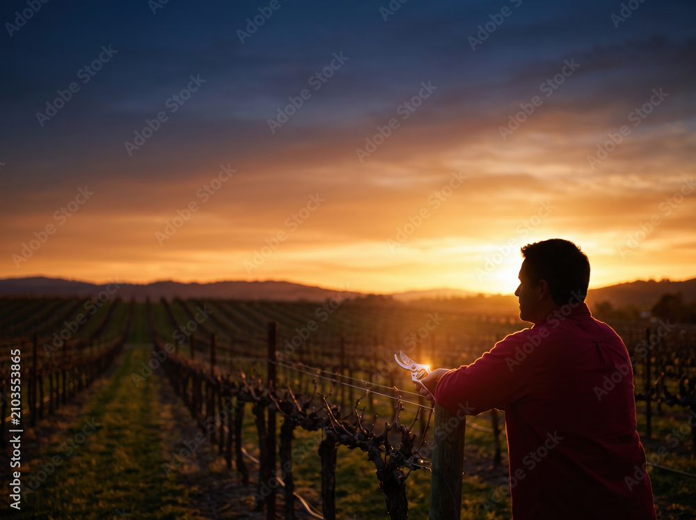 Fototapeta premium Man standing in a vineyard looking at the sunset