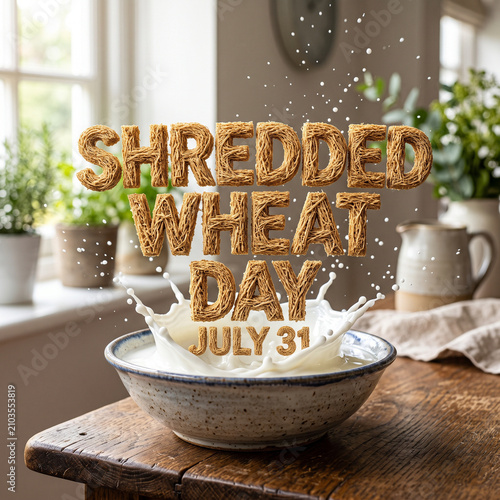 Bowl of healthy shredded wheat cereal splashing in fresh milk against a sunlit kitchen background for a morning breakfast.
