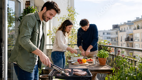 Friends enjoying a summer barbecue party on an urban balcony