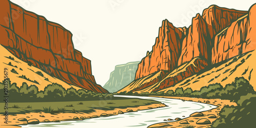 Photos Vibrant river flowing through steep rocky canyon with layered sandstone cliffs r
