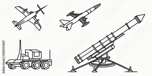 Foto Military aircraft, helicopter, and missile launcher set fighter jet