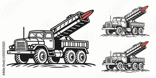 Foto Military missile launch trucks with red missiles, set military truck missile lau