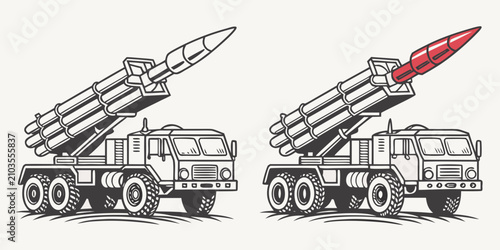 Fotografie Military missile launch trucks, side view, red and gray military truck missile l