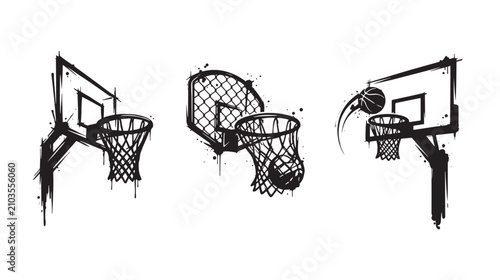 Three basketball hoops with ink drip and splatter effects, graffiti black and white sports isolated on a white background