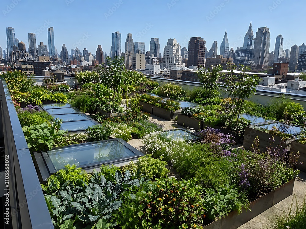 Fototapeta premium Aerial view of urban floating farm with lush greenery. Sustainable city agriculture on water in modern metropolis skyline.