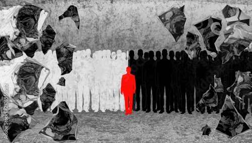 Crimson male figures apart from a grayscale crowd. Thematic design. Social influences and self-identity. Themes of psychology, isolation in society, distinction.