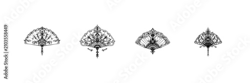 Victorian handheld folding fan set with ornate line art featuring royal decorative flourishes with isolated white background and Victorian embellishments