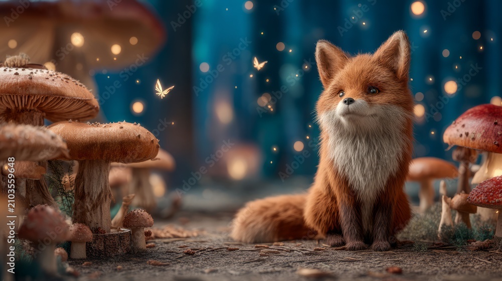 Fototapeta premium Cute fluffy red fox sitting among large mushrooms in enchanted forest scene