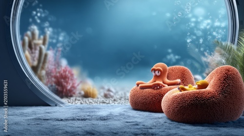 Cozy underwater living room with animated octopus relaxing on plush chair