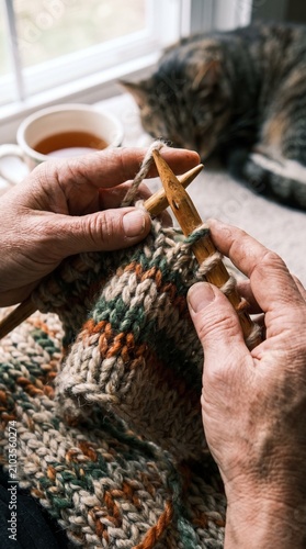 Hands knitting a cozy winter sweater with yarn. Artisan crafting warm wool garment using traditional needles and thread.