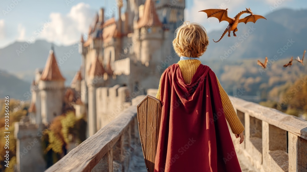 Fototapeta premium Young child dressed as knight with wooden shield near castle and flying dragon