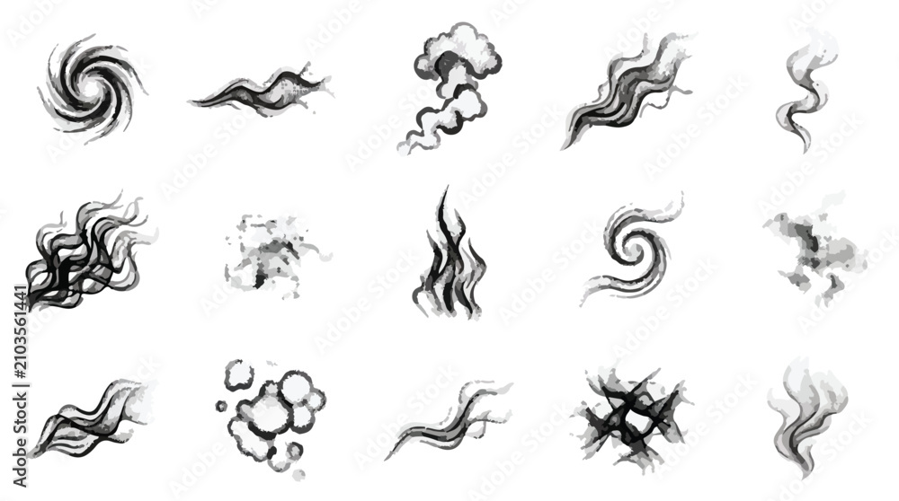 Obraz premium Hand drawn smoke and steam icons set, black ink vapor swirls and cloud elements, 15 comic style wind and gas vector illustrations on white
