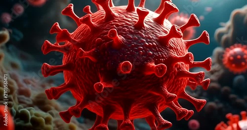Microscopic view of a dangerous red coronavirus particle in a biological environment.
