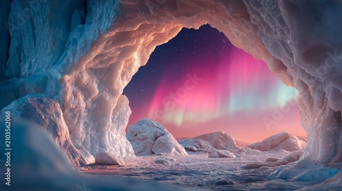 Stunning icy cave opening with vibrant northern sky and colorful aurora lights