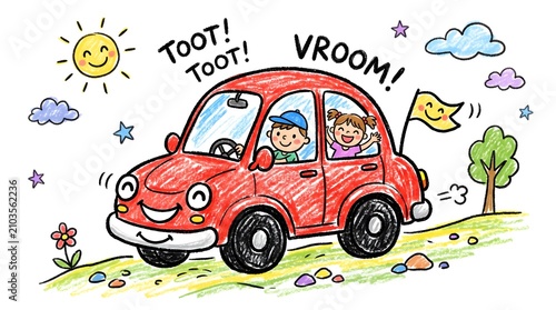 Cute kawaii doodle set featuring happy cartoon animals, fruits, and transportation icons. Colorful vector illustration for kids' designs, stickers, and educational graphics.
