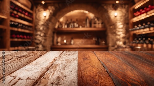 Rustic wooden surface with blurred stone and wood wine cellar background