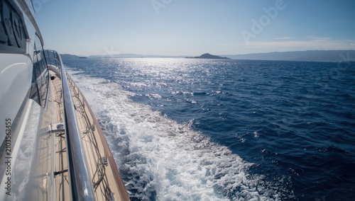 View of a vessel navigating the Mediterranean, focusing on the upper deck's bow. Yachting, exploration, freedom, and adventure at sea.