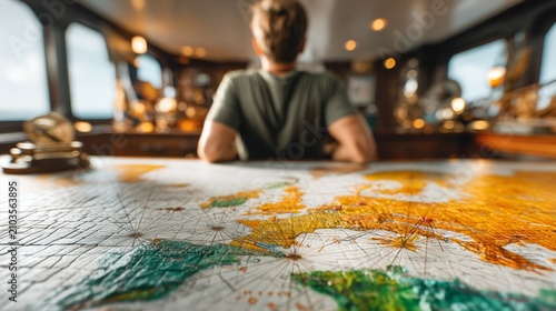 Person sitting and looking at nautical chart on ship bridge navigation table