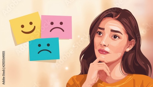Emojis representing various emotions on a sticky note. Concept of mental health, mood fluctuations, and bipolar disorder. Empty area for text.