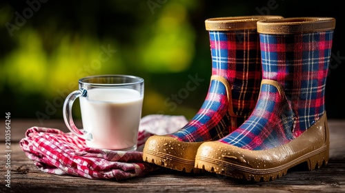 Red and blue plaid rain boot with glass of milk on wooden surface