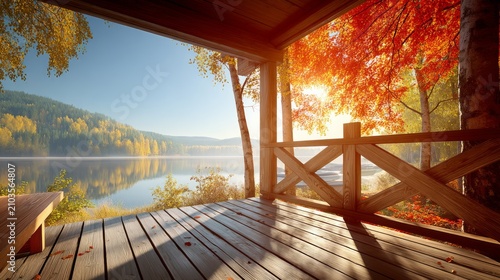 Serene autumn lake view from wooden porch with vibrant fall foliage