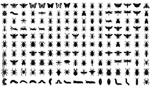 Bild auf Leinwand Large Insect Silhouette Icon Set Featuring Butterflies Bees Beetles Dragonflies