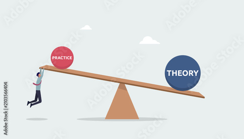 Practice and theory on the seesaw showing greater theory than reward, a man tries to make it in balance or equilibrium