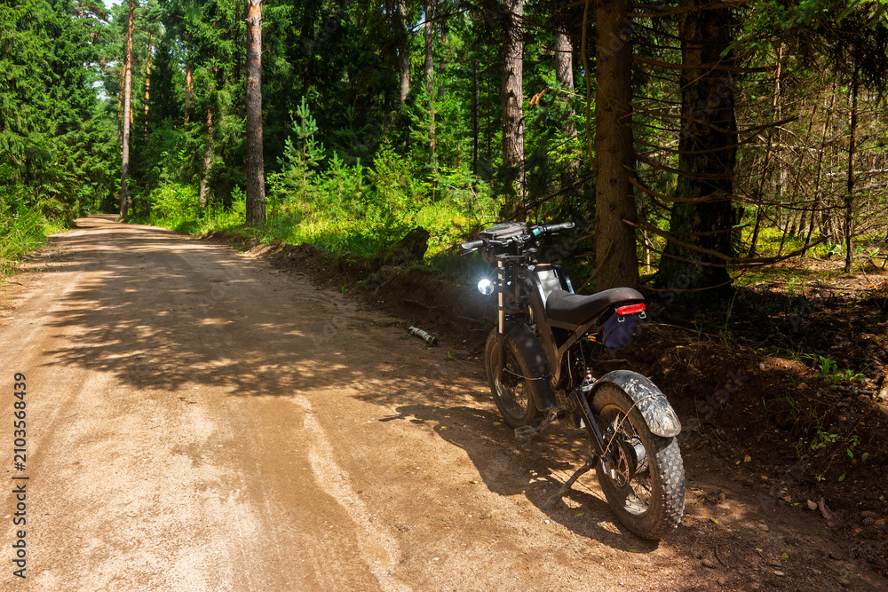 Fototapeta premium Modern electric bike with fat tires parked on a rural dirt road in a sunlit pine forest, adventure travel lifestyle outdoors, summer trail riding scene for active leisure enthusiasts