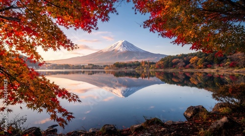 Tableau sur toile Volcanic mountain reflected in lake
