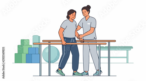 Two adults work with a therapist during gait training in a modern rehab gym with parallel bars