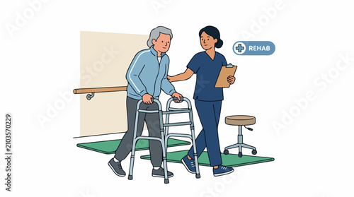An elderly man receives supportive physical therapy from a healthcare professional beside walker in bright clinic scene