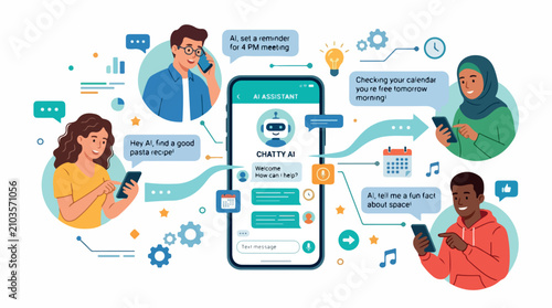 Diverse group of people around a smartphone displaying a health app with chat bubbles for remote medical consultation