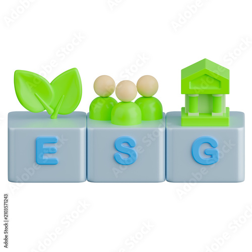 ESG concept 3D Illustration with leaves, people and governance building on blocks.