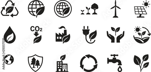 Eco friendly icon set with 18 black vector symbols, sustainability and renewable energy signs, environmental conservation and green technology graphics