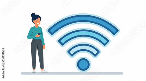 Confident woman with wifi stands beside a glowing wireless signal icon in a modern technology scene