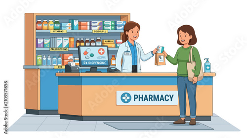 Pharmacist assisting customer at the pharmacy counter during a medication consultation in a bright drugstore interior