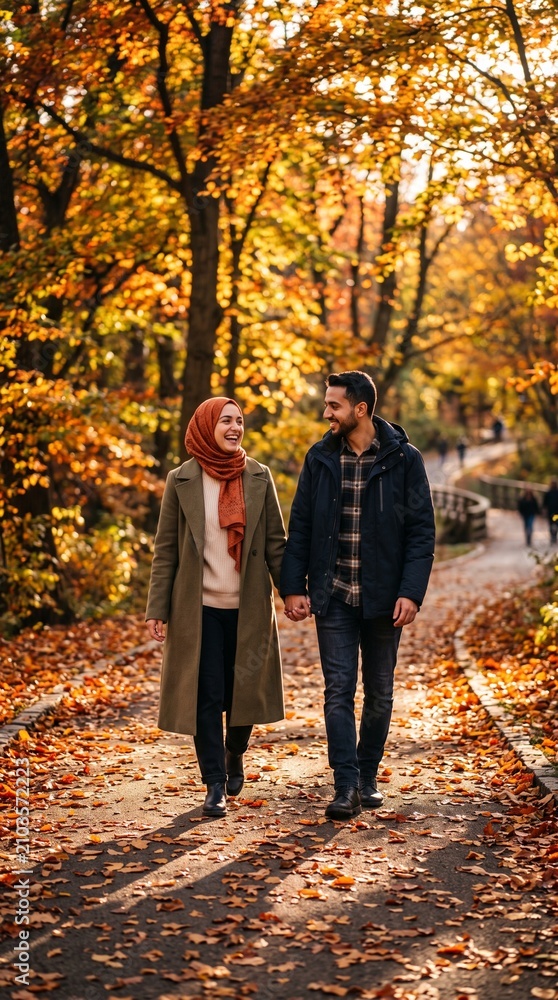 Fototapeta premium A happy couple walking hand in hand on a path in a beautiful autumn park