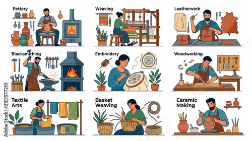 Artisan Crafts Set: Pottery, Weaving, Leatherwork, Blacksmithing