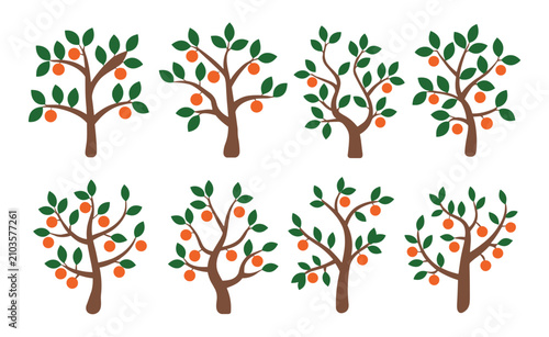 Schilderij op canvas Orange Trees Collection: A delightful assortment of eight stylized orange trees, each showcasing vibrant green leaves and plump orange fruits, presented in a charming illustration