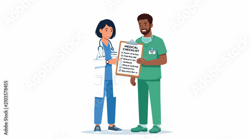 Two healthcare professionals, a nurse and a doctor, review a patient care checklist together during a consultation