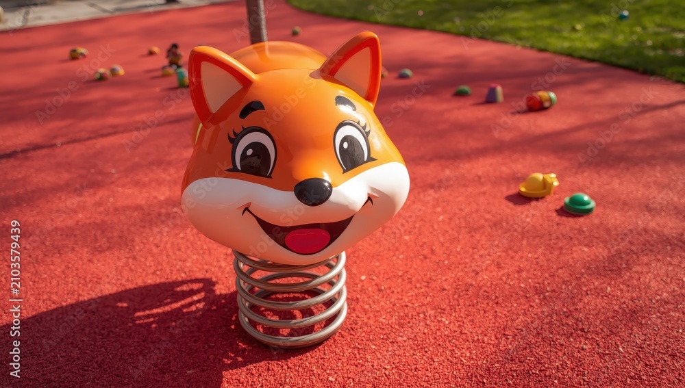 Fototapeta premium Detail of orange fox spring toy on red play area.