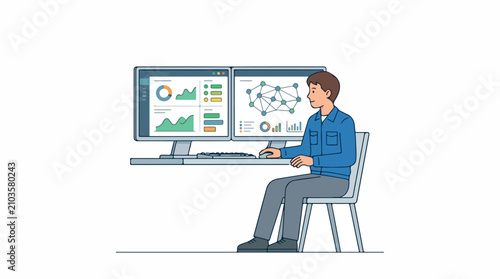 Focused business professional analyzes data at a desk with multiple monitors displaying charts and graphs in an office