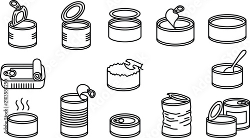 Tin cans canned food packaging and open container line vector icon set isolated on white