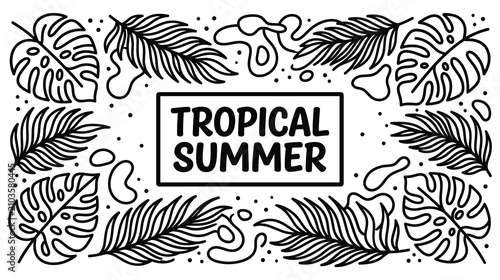 Quadro su tela Tropical summer background frame with exotic palm leaves and abstract shapes vector