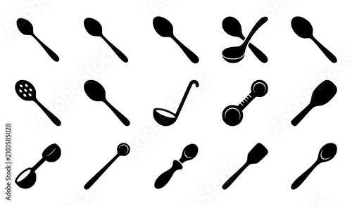 Spoon and Cutlery Icon Set, Black Silhouette Vector Illustration Collection of Kitchen Utensils