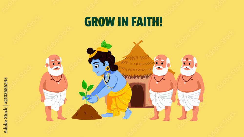 Fototapeta premium Lord krishna planting a tree with gurus, representing growth in faith